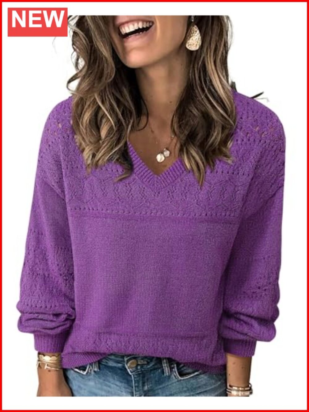 Messic Women's V Neck Lightweight Crochet Pullover Sweater